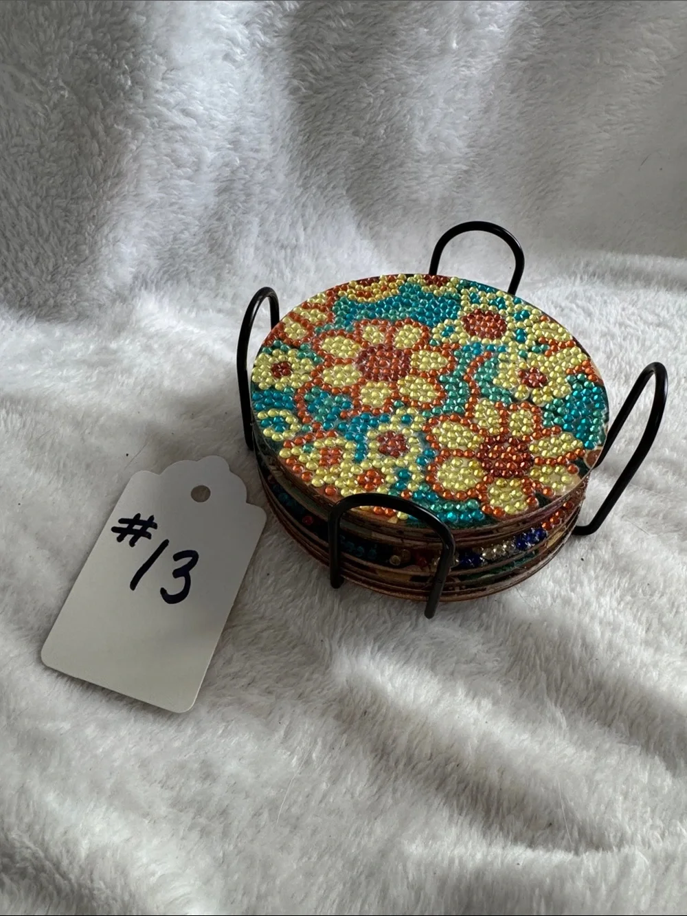Handmade Beaded Floral Coaster Set  - Turquoise & Multicolor